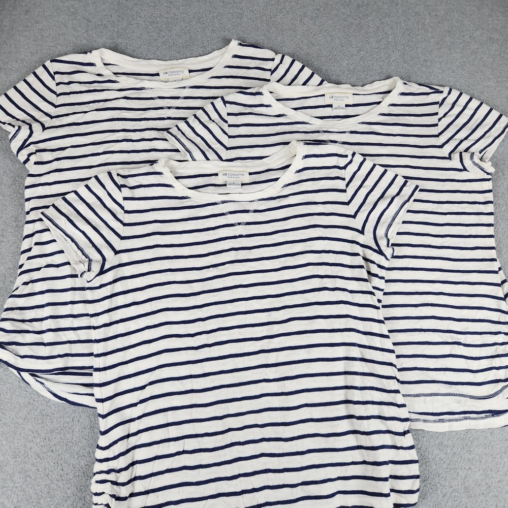Liz Claiborne Weekend T-Shirt Womens L White Navy Blue Striped Cotton Lot of 3